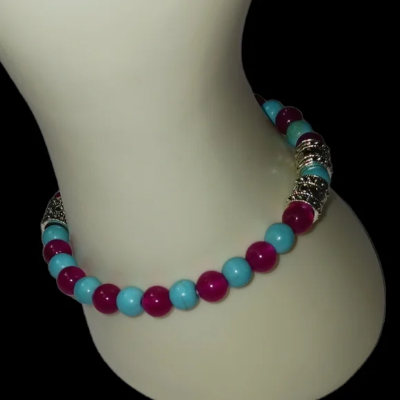 Turquoise & Magenta Jade Crystal Beaded Stretch Bracelet Y2K Slip On Style - Picture 7 of 12